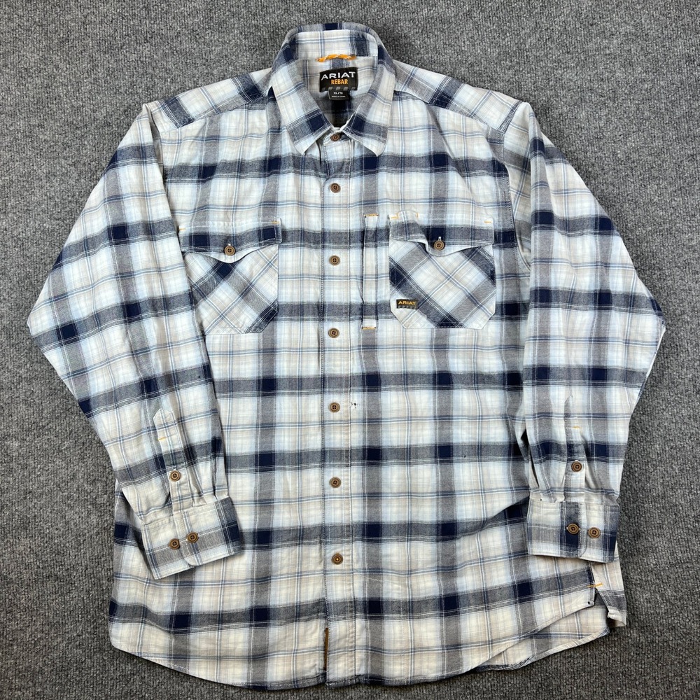 Ariat Rebar Shirt Mens XL White Blue Flannel Plaid Long Sleeve Work Button Up